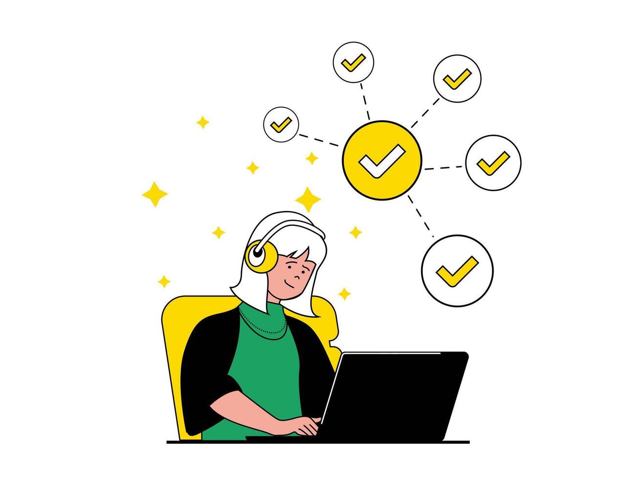 Productivity workplace concept with character situation. Woman works on laptop and performs work tasks, organizes workflow in office. Vector illustration with people scene in flat design for web