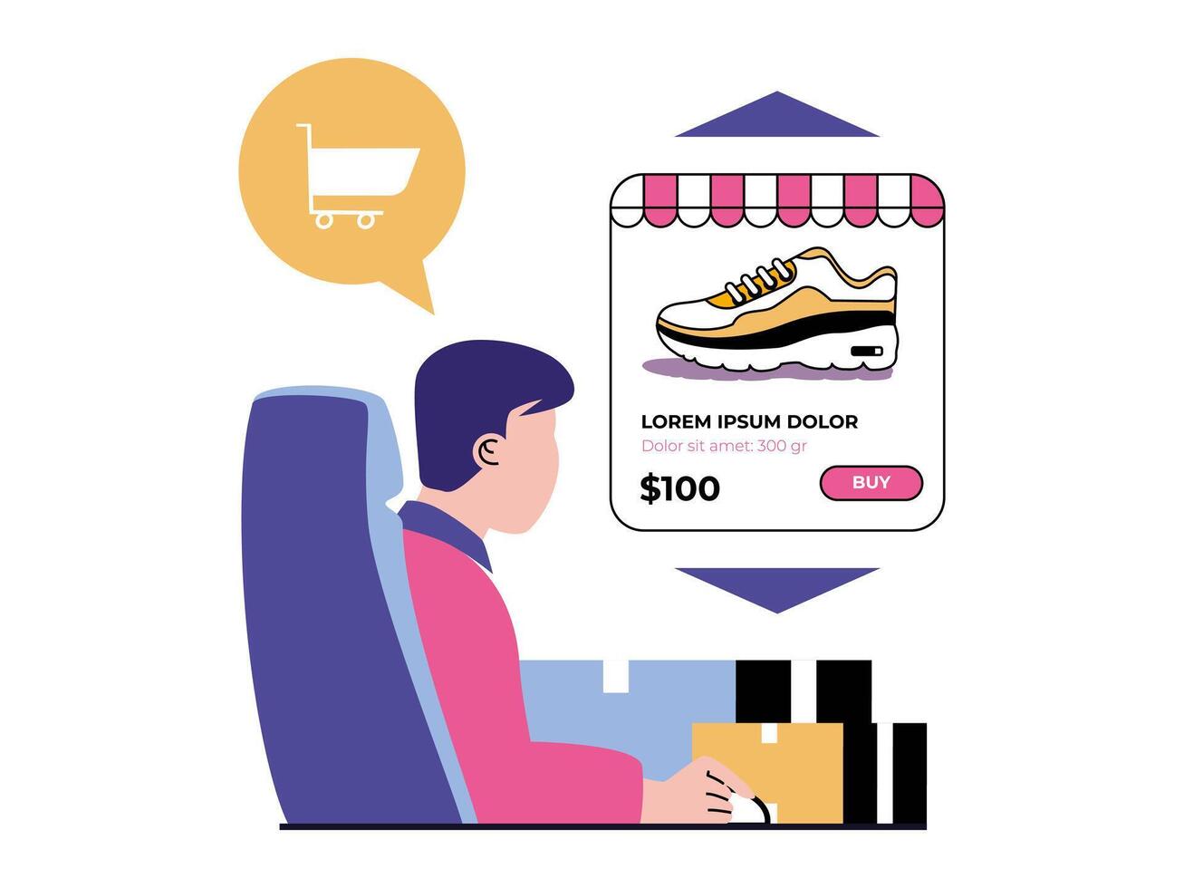 compras concepto con personaje situación. hombre elige zapatillas en sitio web de Deportes calzado almacenar, hace orden y pago en línea. vector ilustración con personas escena en plano diseño para web