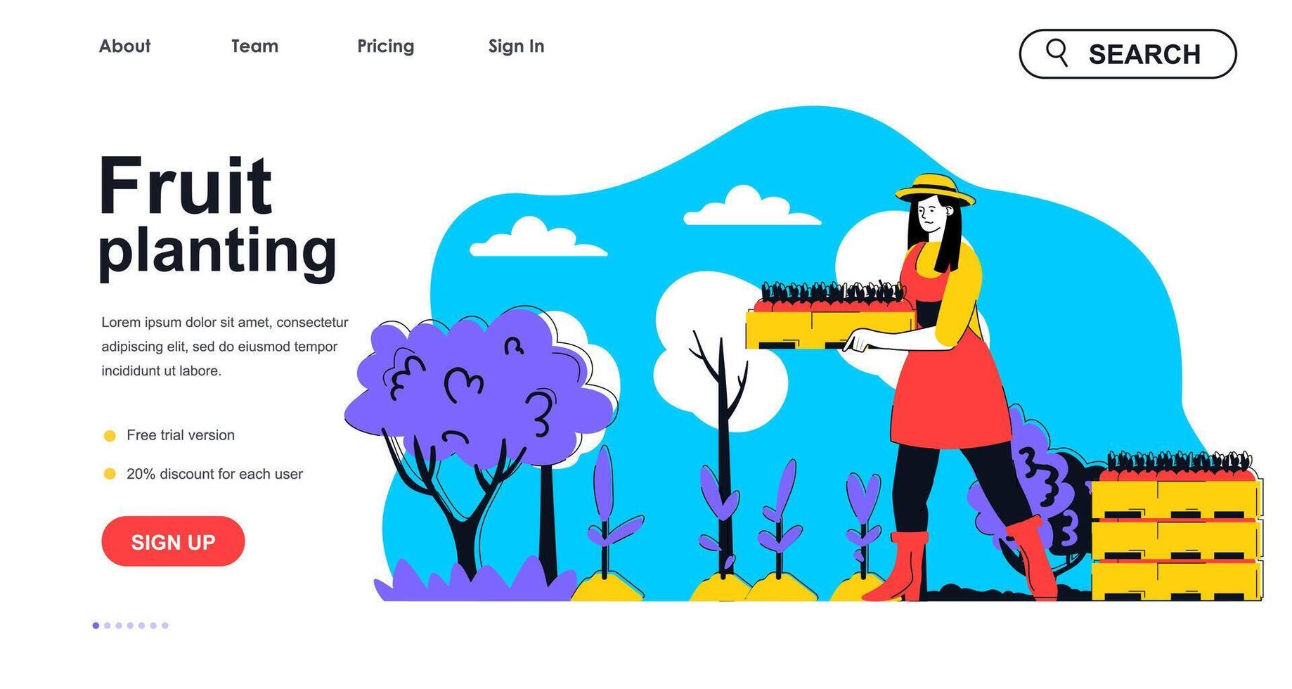 Fruit planting concept for landing page template. Woman farmer holding box of seedlings and planting fruit trees. Gardening people scene. Vector illustration with flat character design for web banner