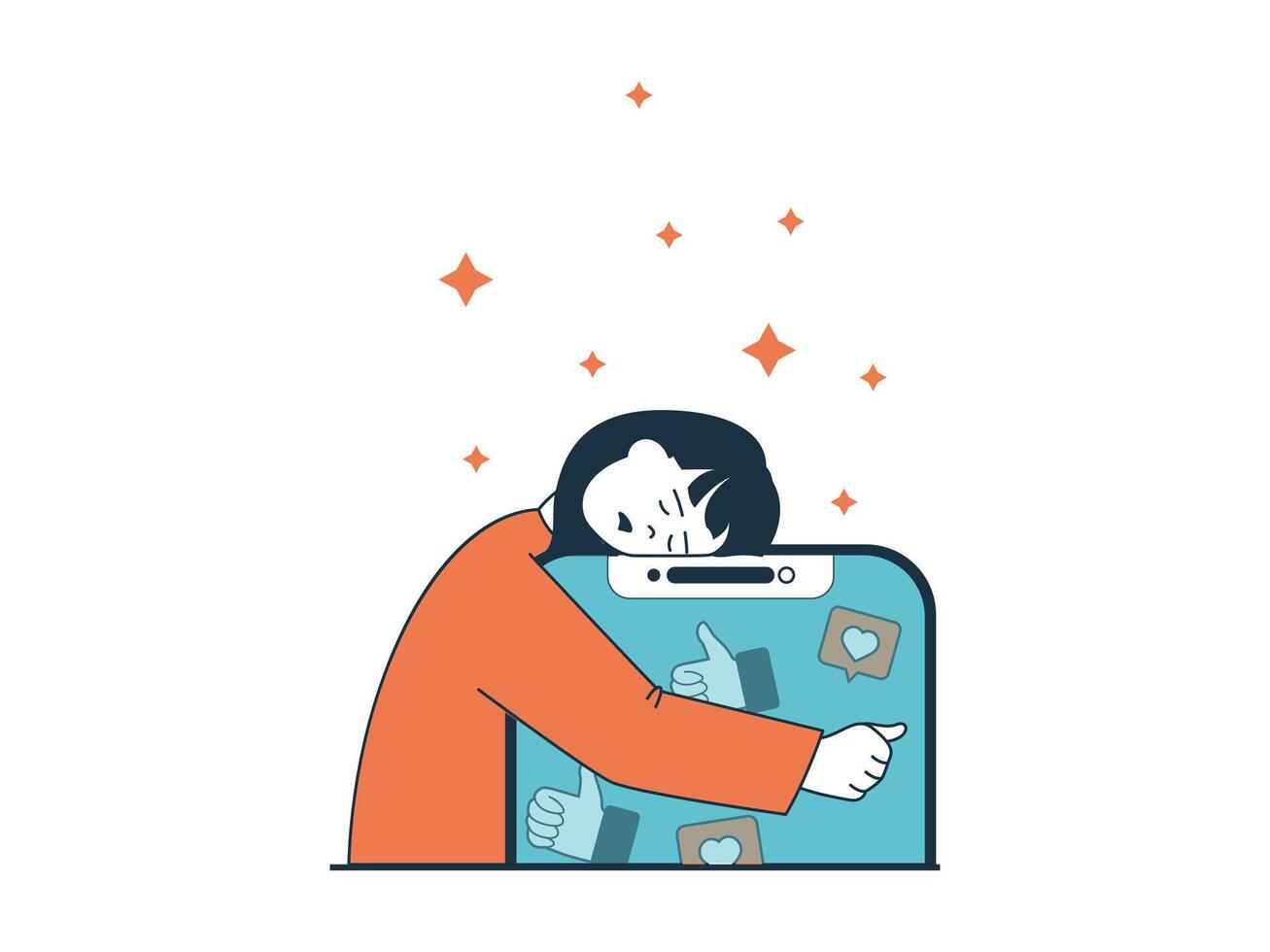 Internet addiction concept with character situation. Sad woman hugging her smartphone and obsessing over networking and audience attention. Vector illustration with people scene in flat design for web