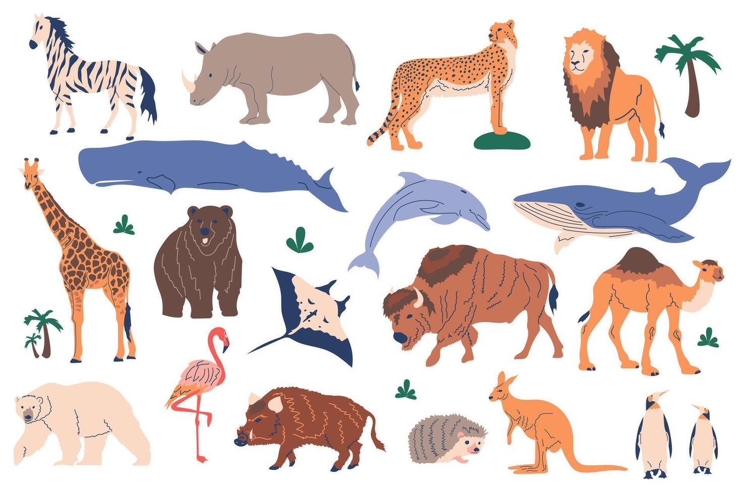 animales conjunto gráfico elementos en plano diseño. haz de cebra, rinoceronte, leopardo, león, ballena, delfín, búfalo, mantarraya, camello, flamenco y otro. vector ilustración aislado objetos