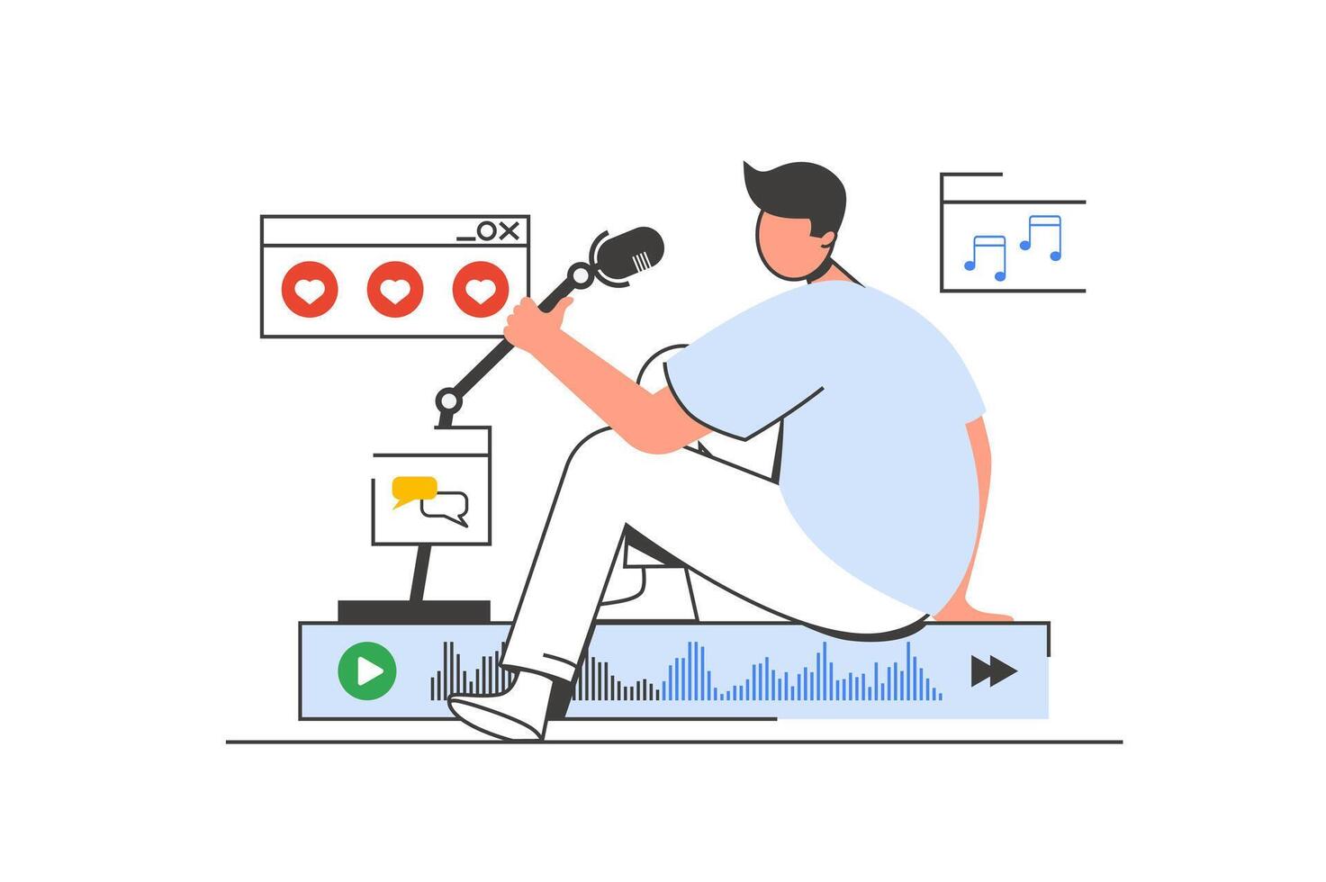 Podcast streaming outline web concept with character scene. Man speaking in microphone, recording audio. People situation in flat line design. Vector illustration for social media marketing material.