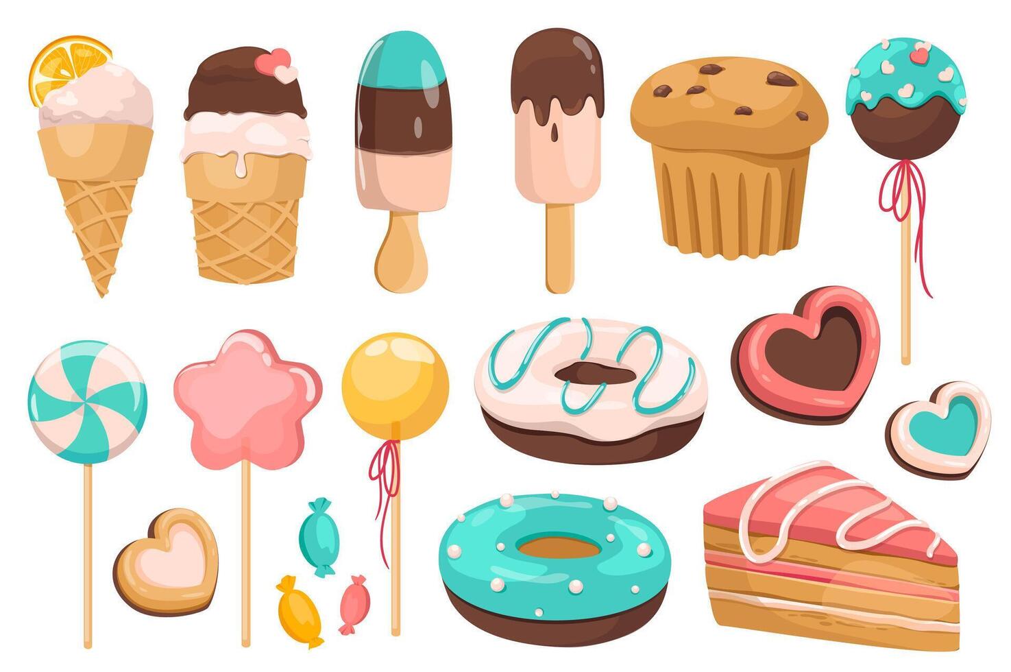 Sweets and dessert set graphic elements in flat design. Bundle of ice creams, cupcake, lollipops, cookie, donuts, piece of cake, candis and other confectionery. Vector illustration isolated objects