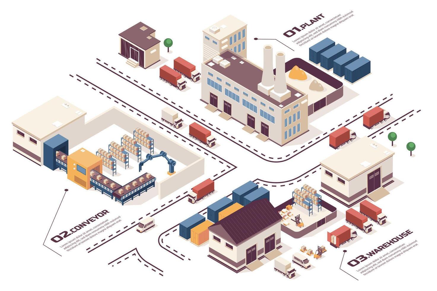 Automated industry concept 3d isometric web infographic workflow process. Infrastructure map with buildings, plant, warehouse, robot machine conveyor. Vector illustration in isometry graphic design