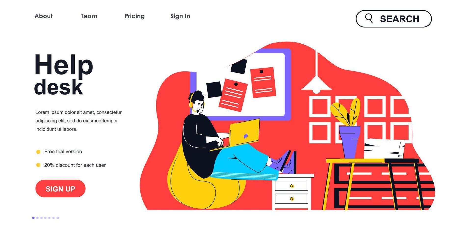 Help desk concept for landing page template. Operator in headphone talking and chatting online with customers. Tech support people scene. Vector illustration with flat character design for web banner