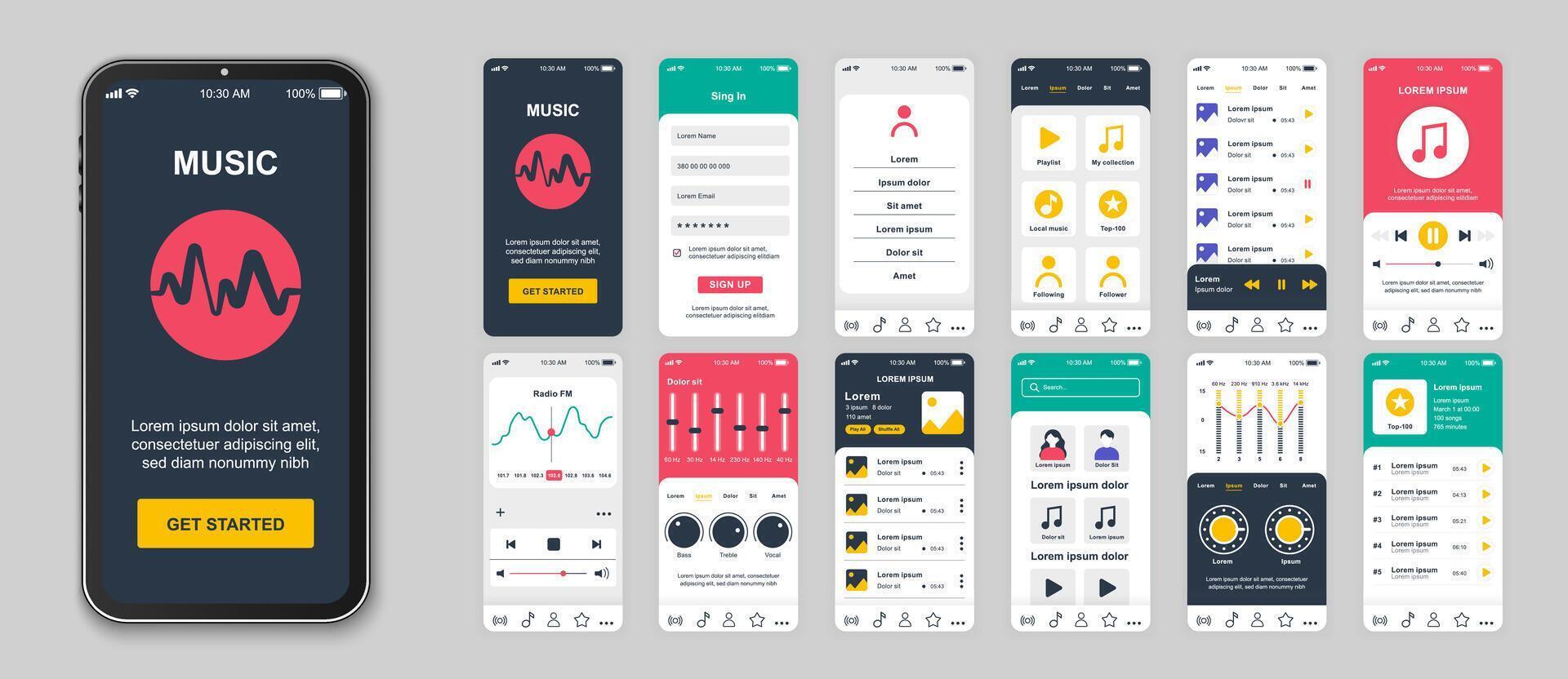 Music mobile app screens set for web templates. Pack of login account, playlist, audio player, equalizer, settings, radio and other mockups. UI, UX, GUI user interface kit for layouts. Vector design