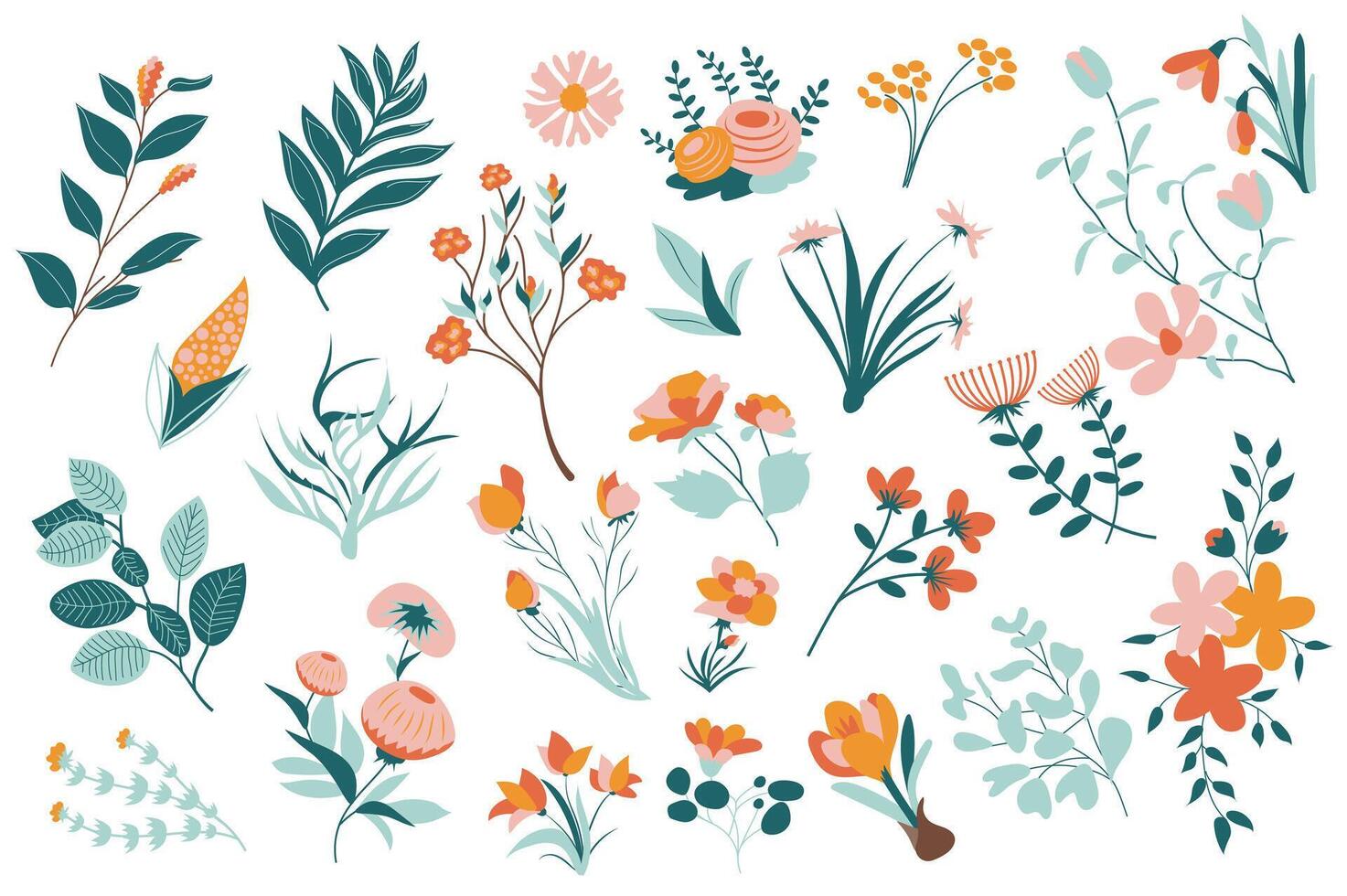 verano flores mega conjunto elementos en plano diseño. haz de diferente tipos de floreciente flores, prado flores silvestres, plantas, ramas con hojas y leña menuda. vector ilustración aislado gráfico objetos