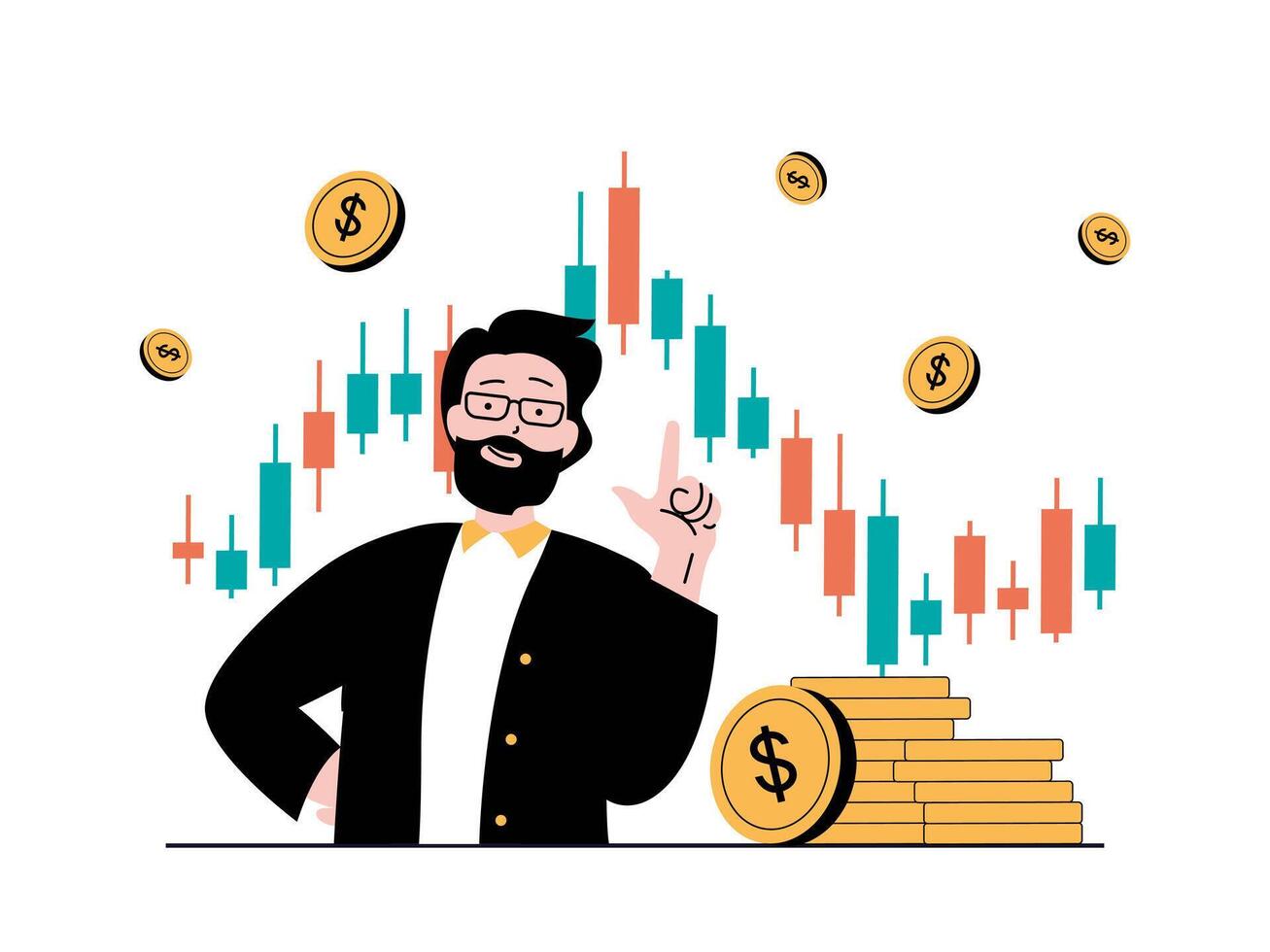 Stock trading concept with character situation. Man analyzes market data and trends, invests money and receives profit from trading. Vector illustration with people scene in flat design for web