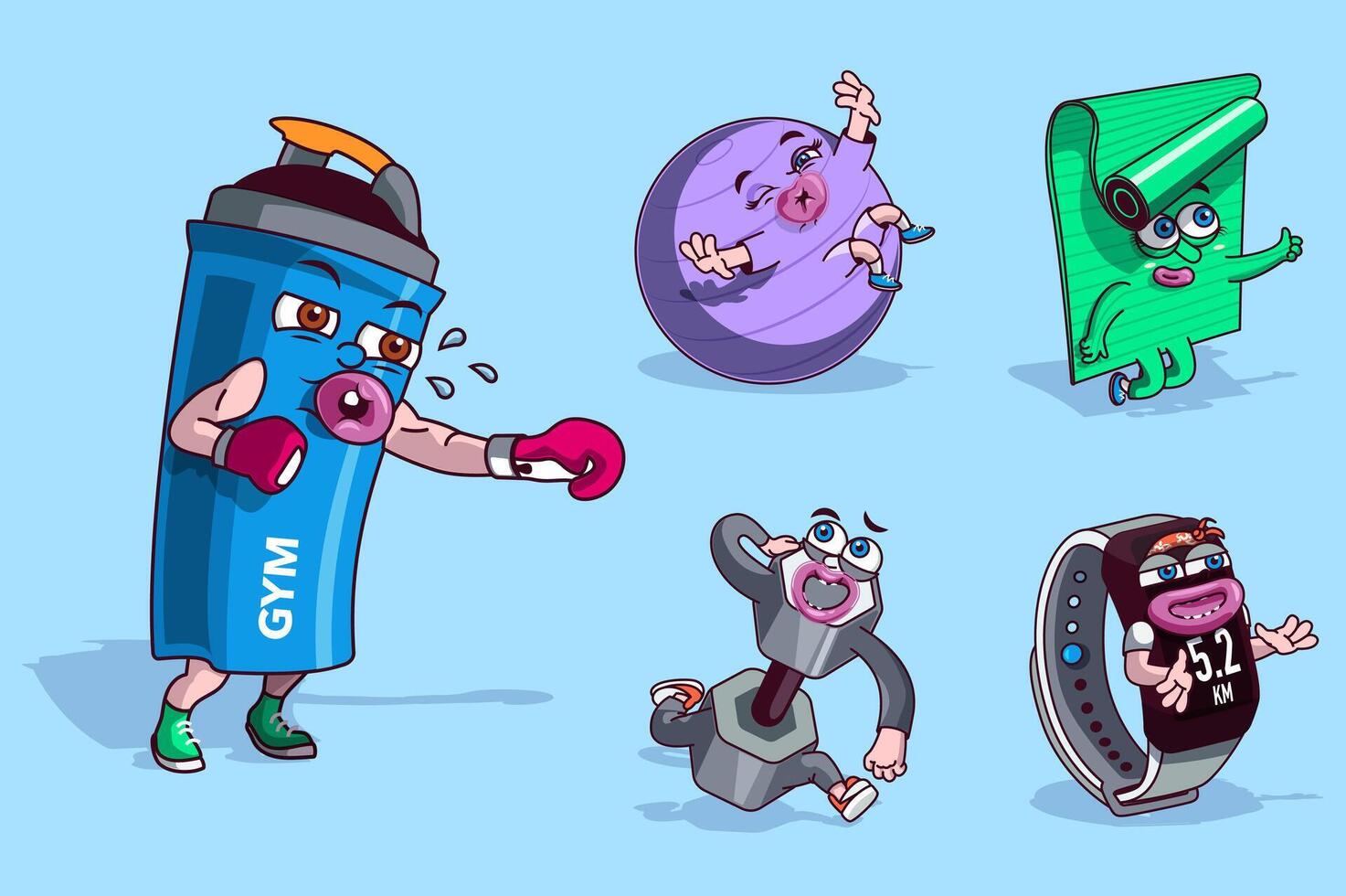 Fitness concept with 3d cute cartoon characters set. Funny avatars of shaker at boxing workout, gym ball, yoga mat, exercising dumbbell and smart watch. Vector illustration with comic mascots design