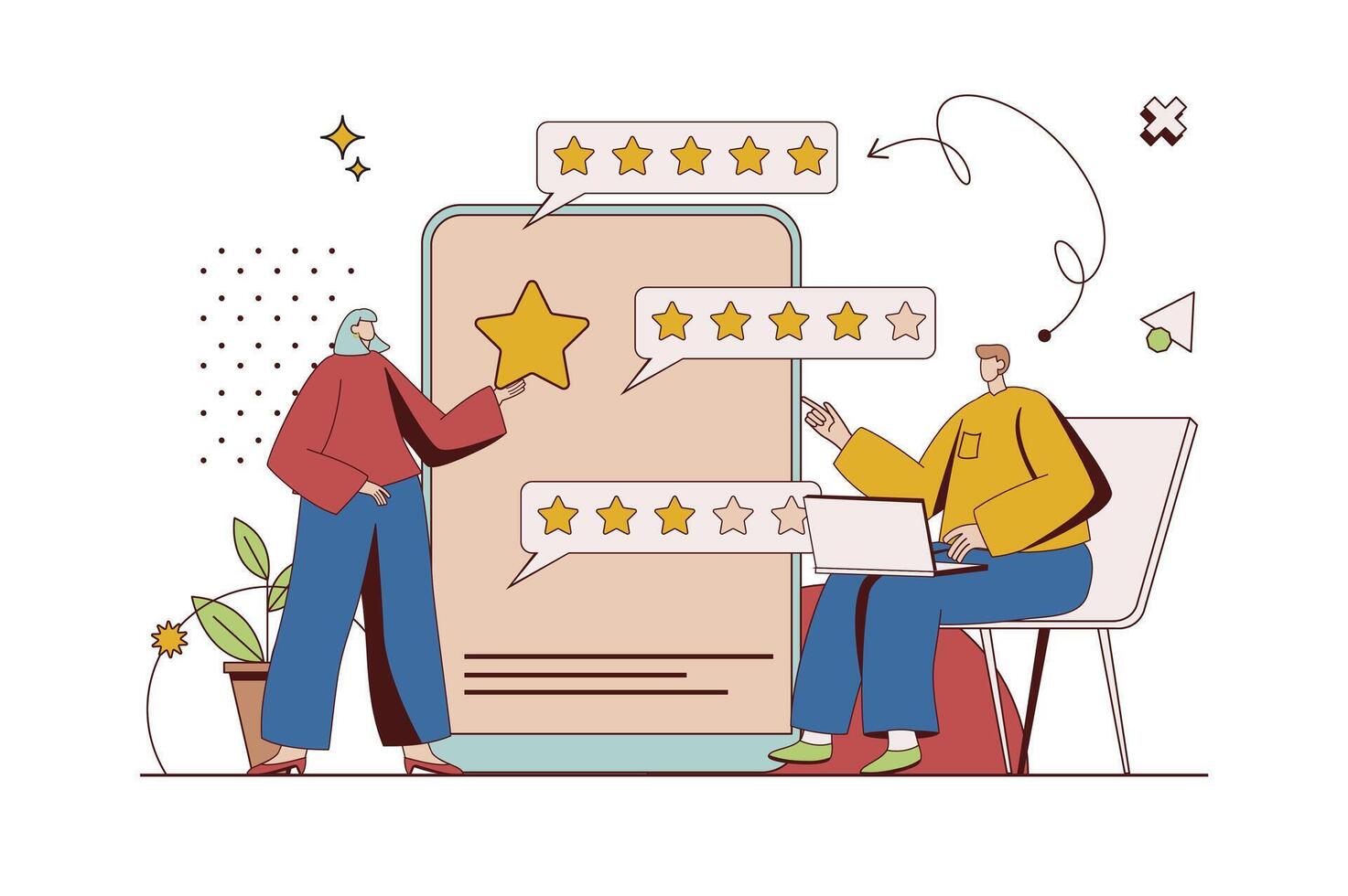 Best feedback concept with character situation in flat design. Man and woman giving high rating stars and writing reviews with their positive experience. Vector illustration with people scene for web