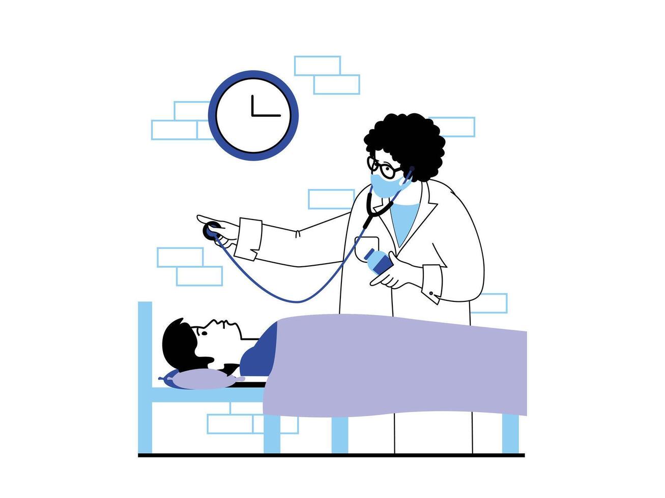 Medical concept with character situation. Doctor with stethoscope visits patient in ward, examines and prescribes treatment and therapy. Vector illustration with people scene in flat design for web