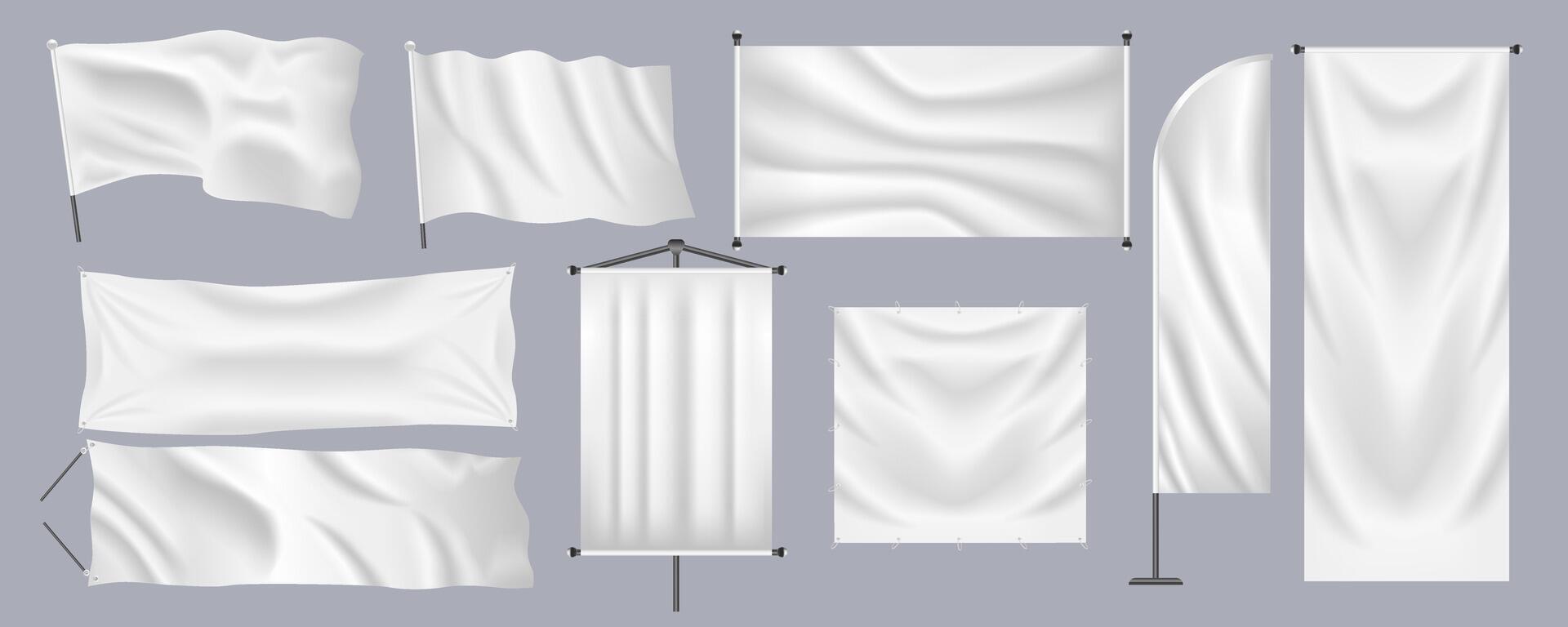 realista textil pancartas mega conjunto en plano gráfico diseño. haz elementos de diferente formas de vacío blanco banderas, colgando carteles, promoción hojas con postes vector ilustración aislado objetos