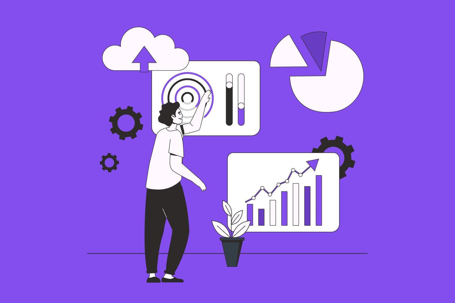 IOT analytics web concept with character scene in flat design. People processing data collected from different IOT devices using cloud tech. Vector illustration for social media marketing material.