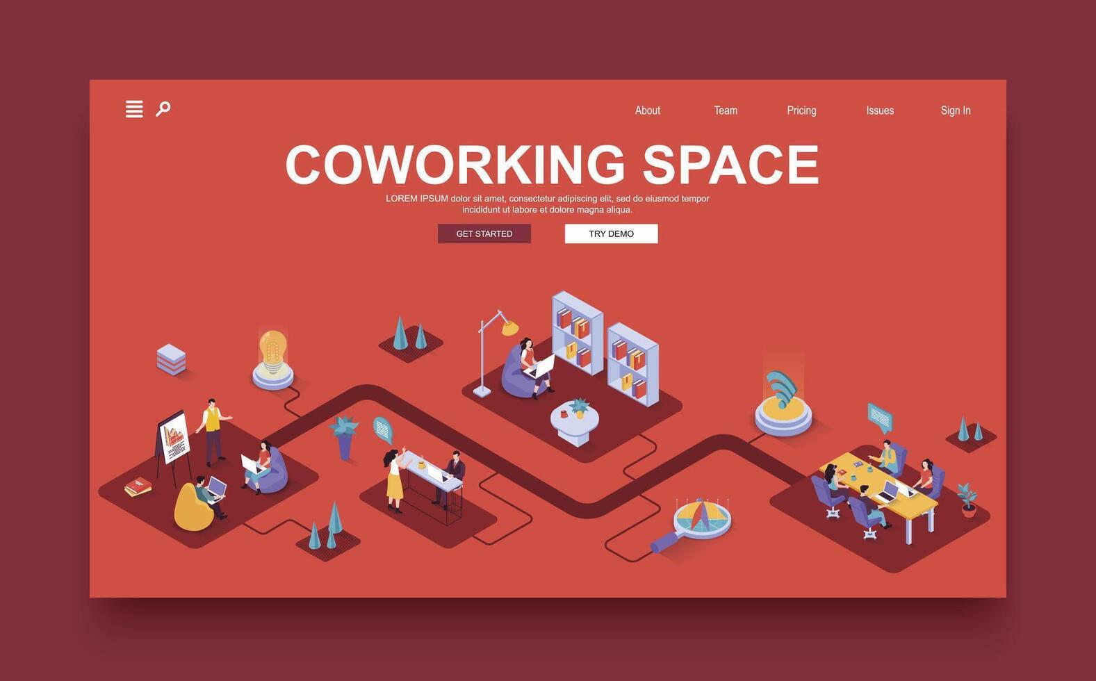 Coworking space concept 3d isometric landing page template. People work in open office, collaborate and hold conferences, discuss and do tasks. Vector illustration in isometry graphic design.