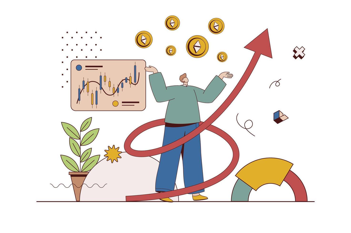 cripto inversión concepto con personaje situación en plano diseño. hombre análisis datos desde en línea intercambios y invertir en criptomoneda para ganancia. vector ilustración con personas escena para web