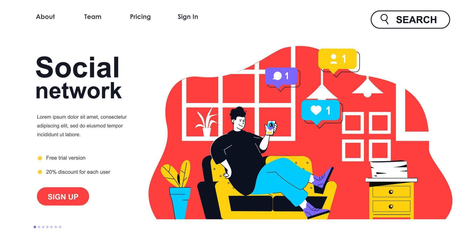 Social network concept for landing page template. Man making posts, likes and comments at smartphone. Online communication people scene. Vector illustration with flat character design for web banner