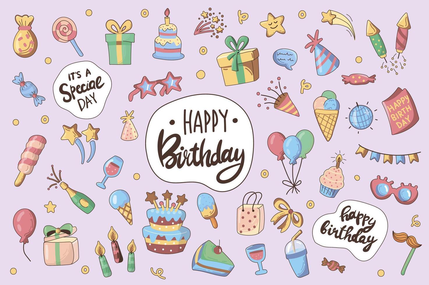 Happy birthday cute stickers set in flat cartoon design. Collection of cake, candles, ice cream, champagne, glass, party garland, gift and other. Vector illustration for planner or organizer template