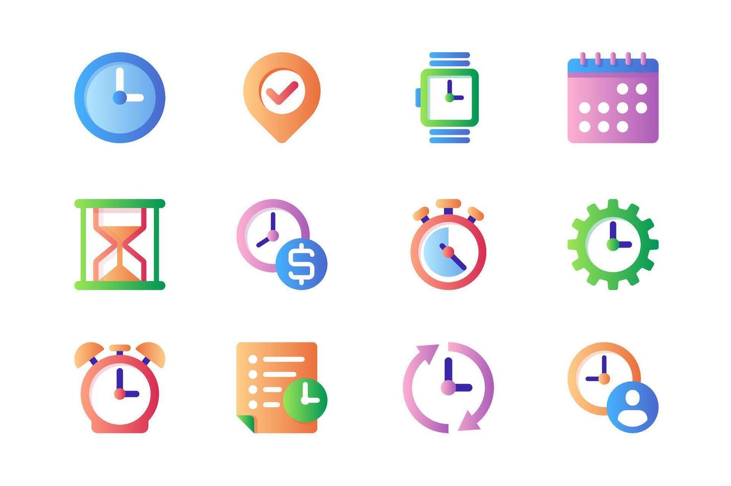 Time management icons set in color flat design. Pack of clock, watch, calendar, deadline, list, alarm, timer, hourglass, stopwatch, countdown and other. Vector pictograms for web sites and mobile app
