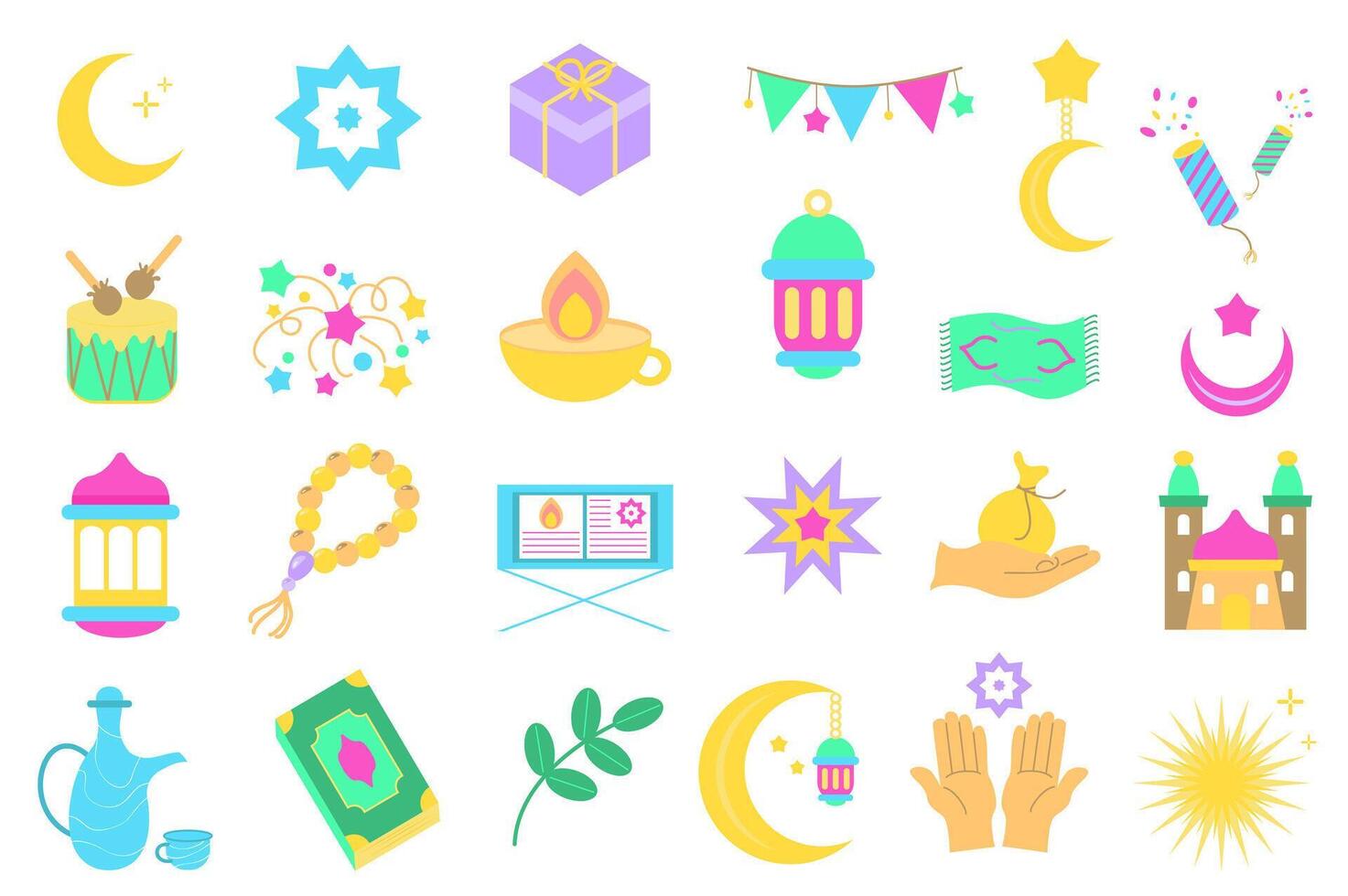 Ramadán conjunto gráfico elementos en plano diseño. haz de creciente, estrella, guirnalda, fuegos artificiales, tambor, linterna, petróleo lámpara, alfombra, rosario, Corán libro, regalo y otro. vector ilustración aislado objetos