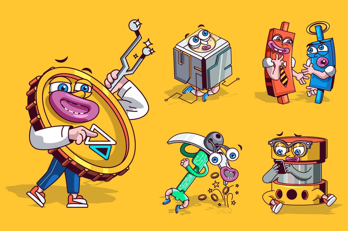 Crypto mining concept with 3d cute cartoon characters set. Funny avatars of cryptocurrency, blockchain, pickaxe and other symbols of digital money market. Vector illustration with comic mascots design