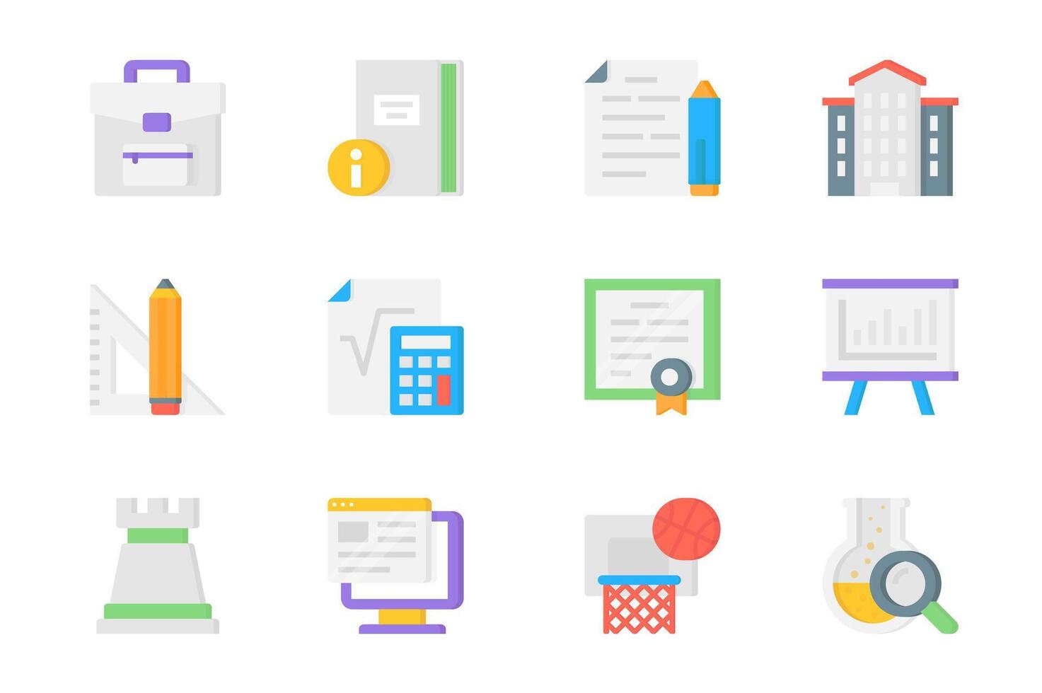 Academy 3d icons set. Pack flat pictograms of backpack, notebook, homework, university, pencil and ruler, calculator, diploma, presentation and other. Vector elements for mobile app and web design