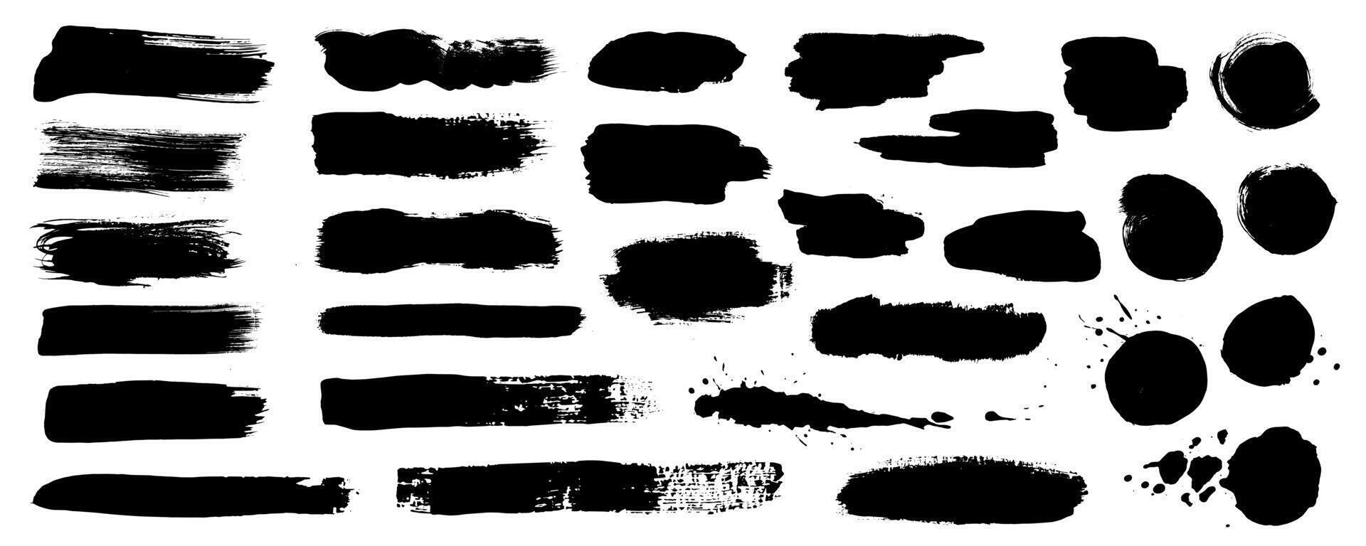 Black ink stains mega set in flat graphic design. Collection elements of abstract grunge paint shapes with torn borders, messy watercolor stroke paints, rough paintbrush texture. Vector illustration.