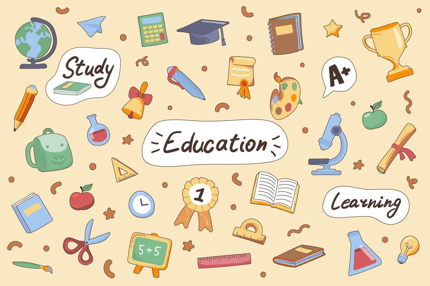 Education cute stickers set in flat cartoon design. Collection of globe, calculator, graduation hat, book, golden cup, microscope and other. Vector illustration for planner or organizer template