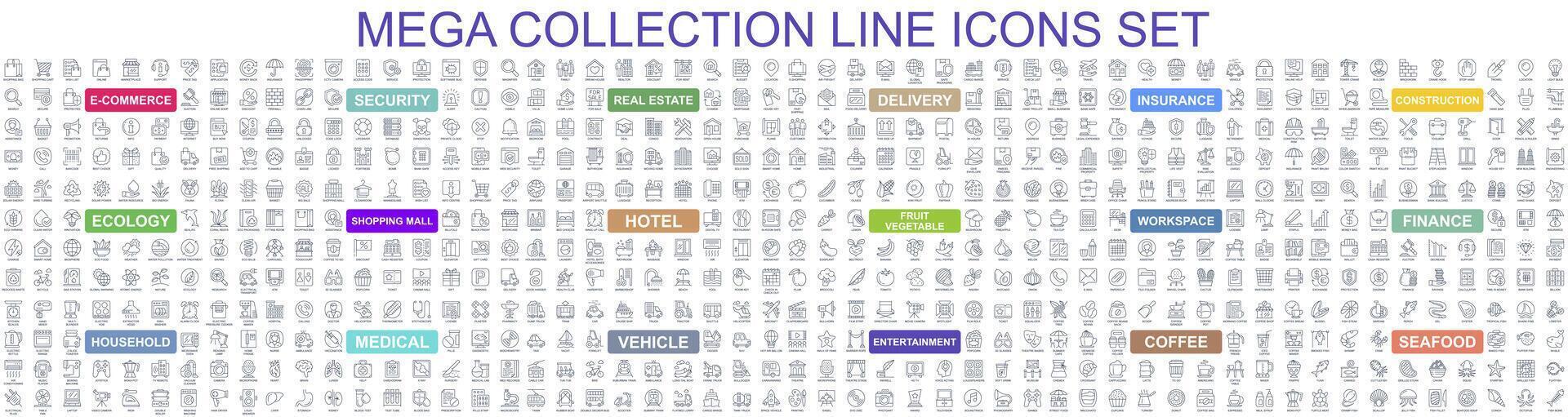 Mega set of vector simple line icons. Contains such Icons as E-commerce, Shopping, Real Estate, Insurance, Security, Finance, Delivery, Ecology and more. Bundle icon. Outline pictogram pack.