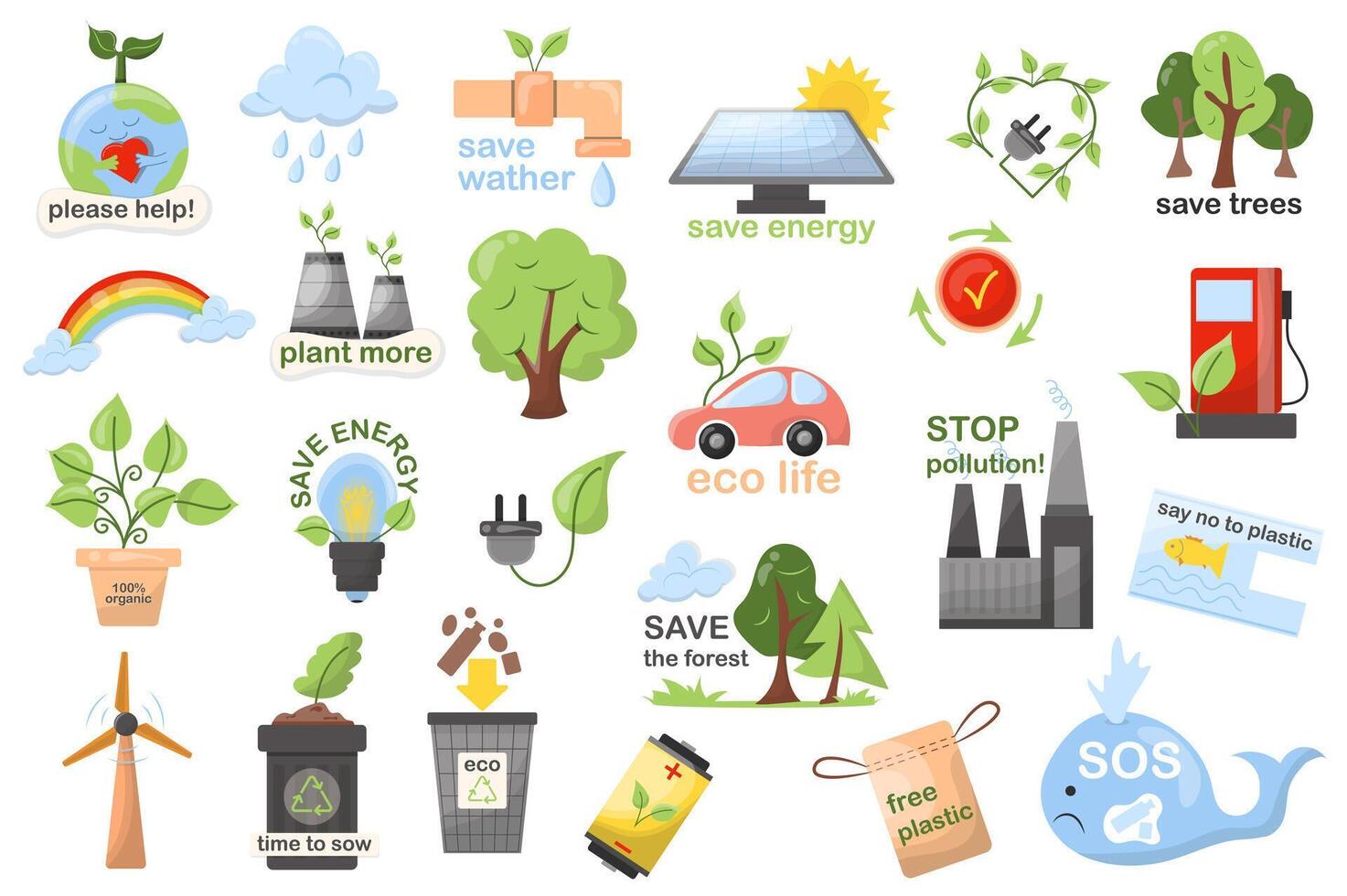 ecología mega conjunto elementos en plano diseño. haz de proteger ambiente, eco vida, salvar naturaleza y planeta, reciclar, renovable y alternativa energía. vector ilustración aislado gráfico objetos