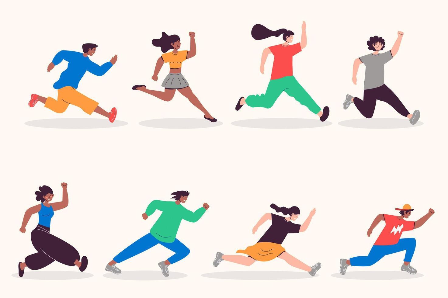 personas corriendo conjunto en plano diseño. contento hombres y mujer correr y apurarse, deporte competencia o aspiración dirección metáfora. haz de diverso caracteres. vector ilustración aislado personas para web