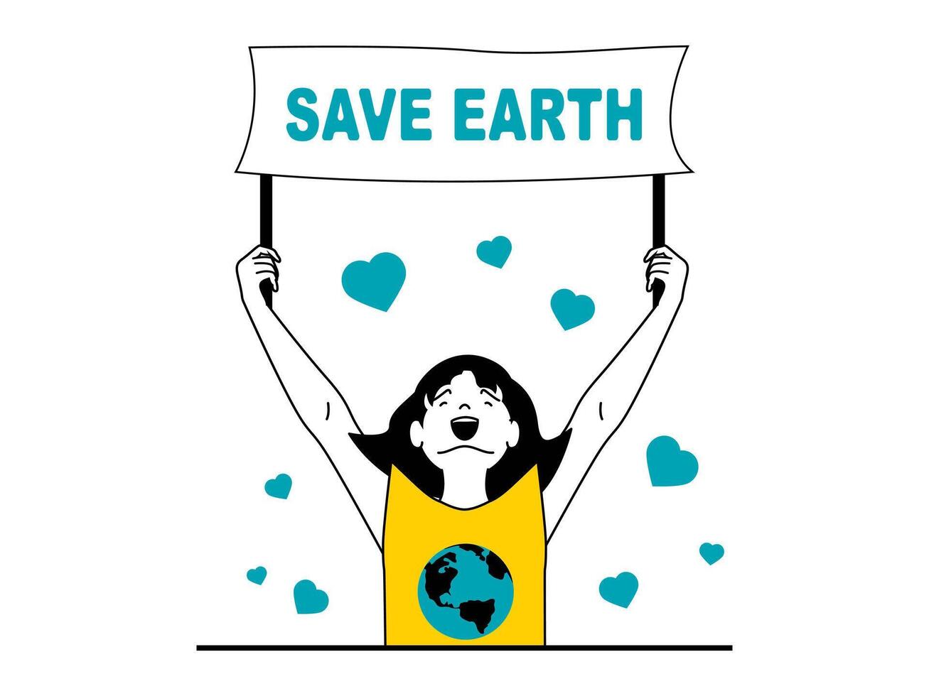 Save Earth concept with character situation. Woman eco activist holding banner with call to save planet at environmental demonstration. Vector illustration with people scene in flat design for web