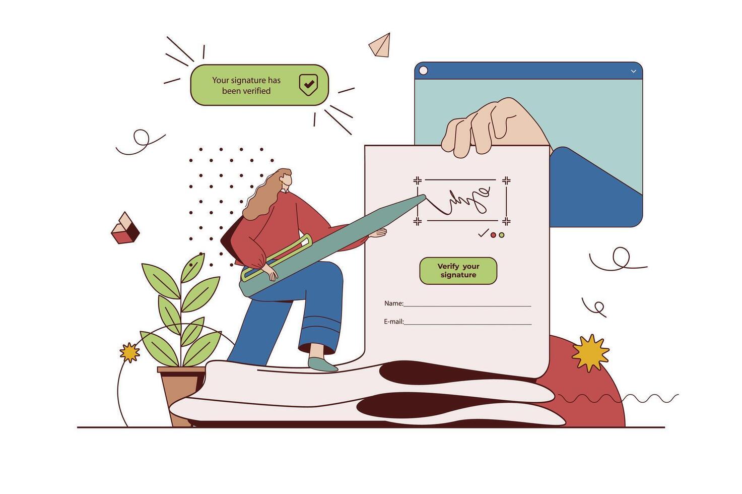 Electronic contract concept with character situation in flat design. Woman signing digital agreement form with e-signature, making business deal online. Vector illustration with people scene for web