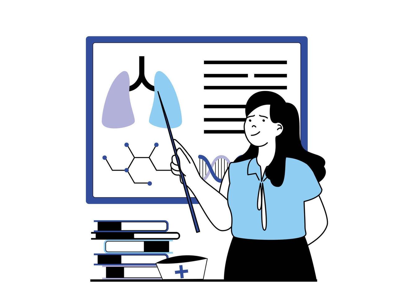 médico concepto con personaje situación. médico investigador puntos a pulmones, diagnóstico y aprendizaje humano anatomía, trabajando a clínica. vector ilustración con personas escena en plano diseño para web