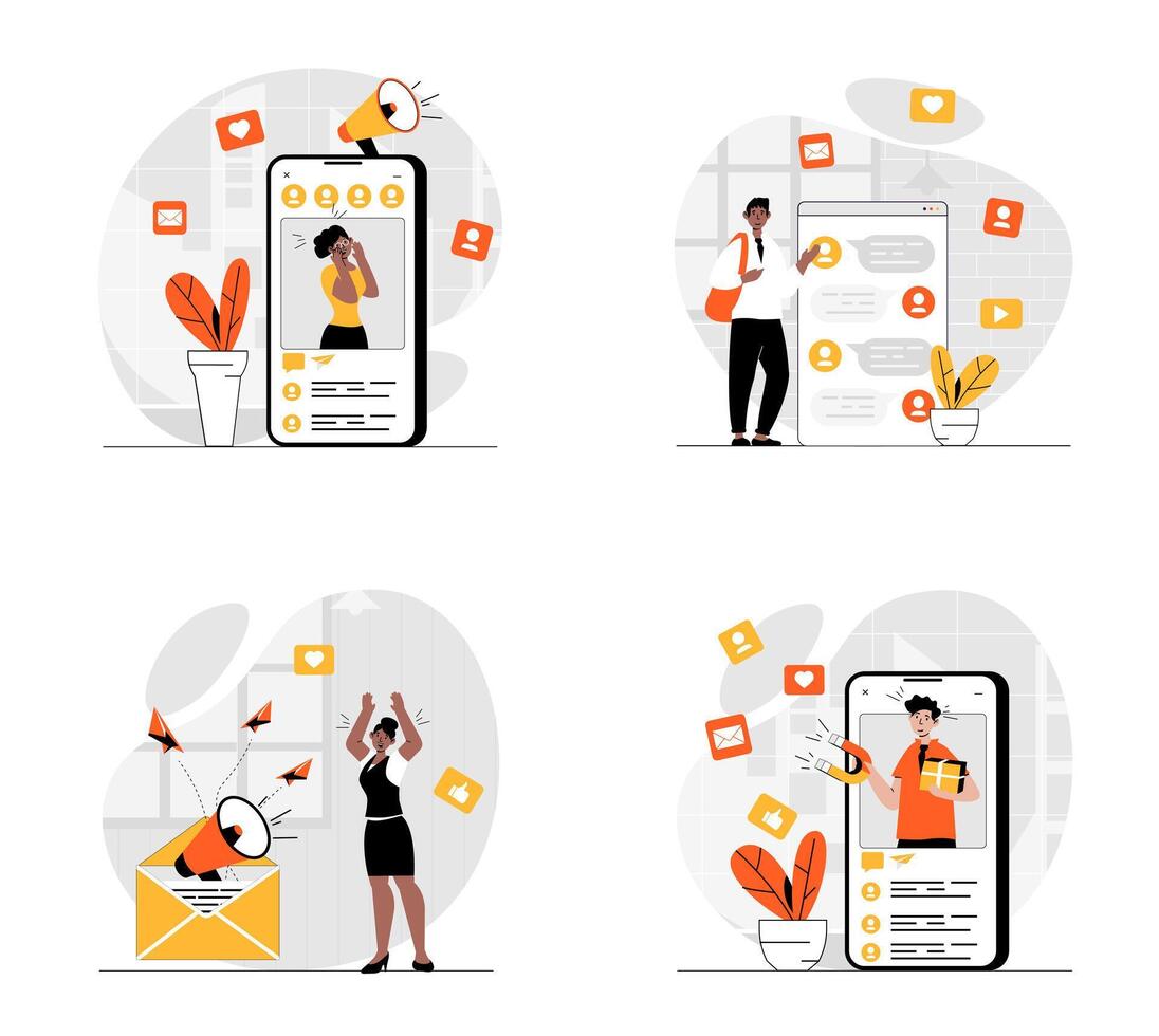 Social media marketing concept with character set. Collection of scenes people making advertising and online promotion in apps, gift draw for new customers. Vector illustrations in flat web design