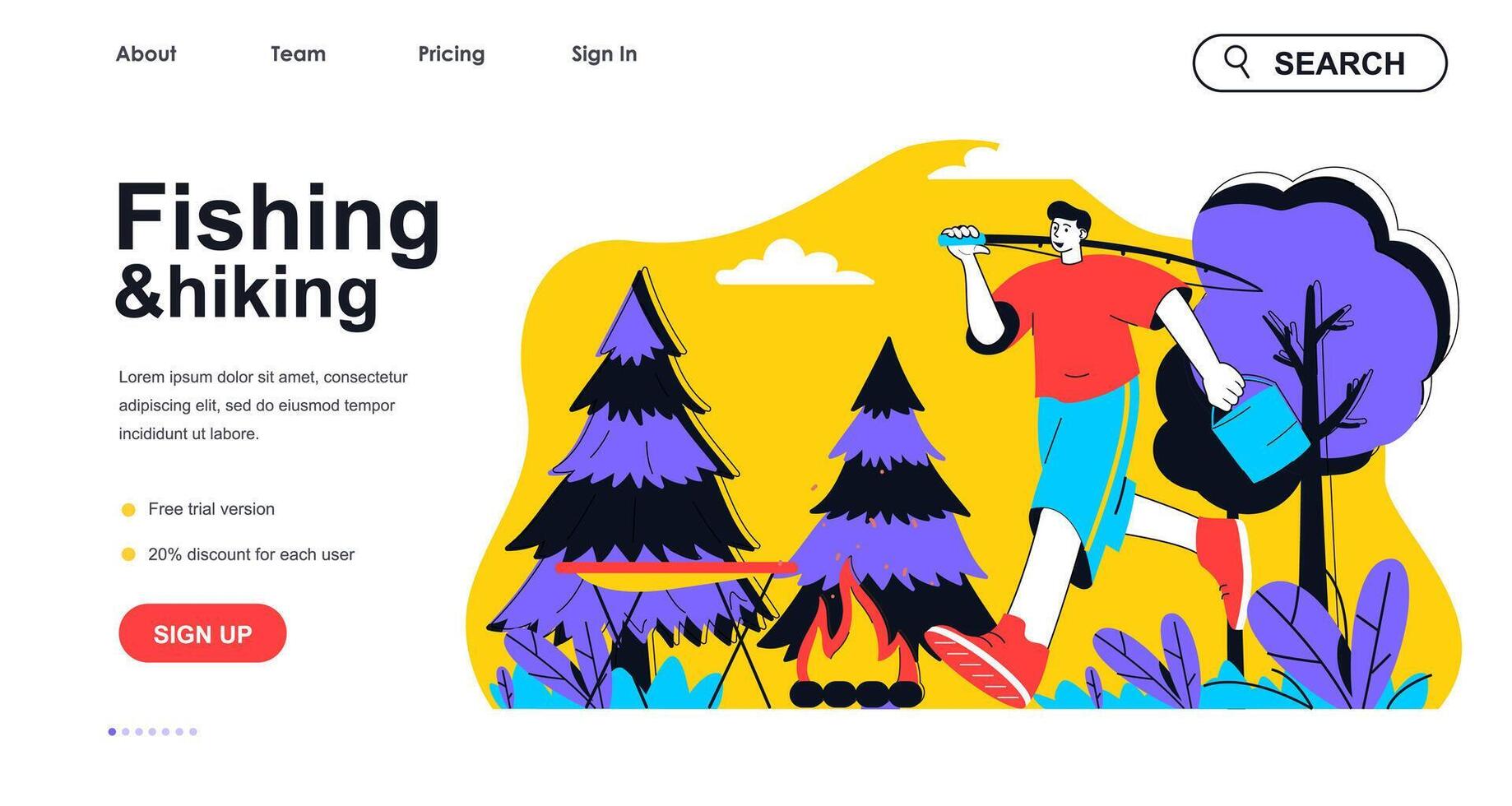 Fishing and hiking concept for landing page template. Man fishing with rod and resting in campsite. Outdoors hobby, tourism people scene. Vector illustration with flat character design for web banner