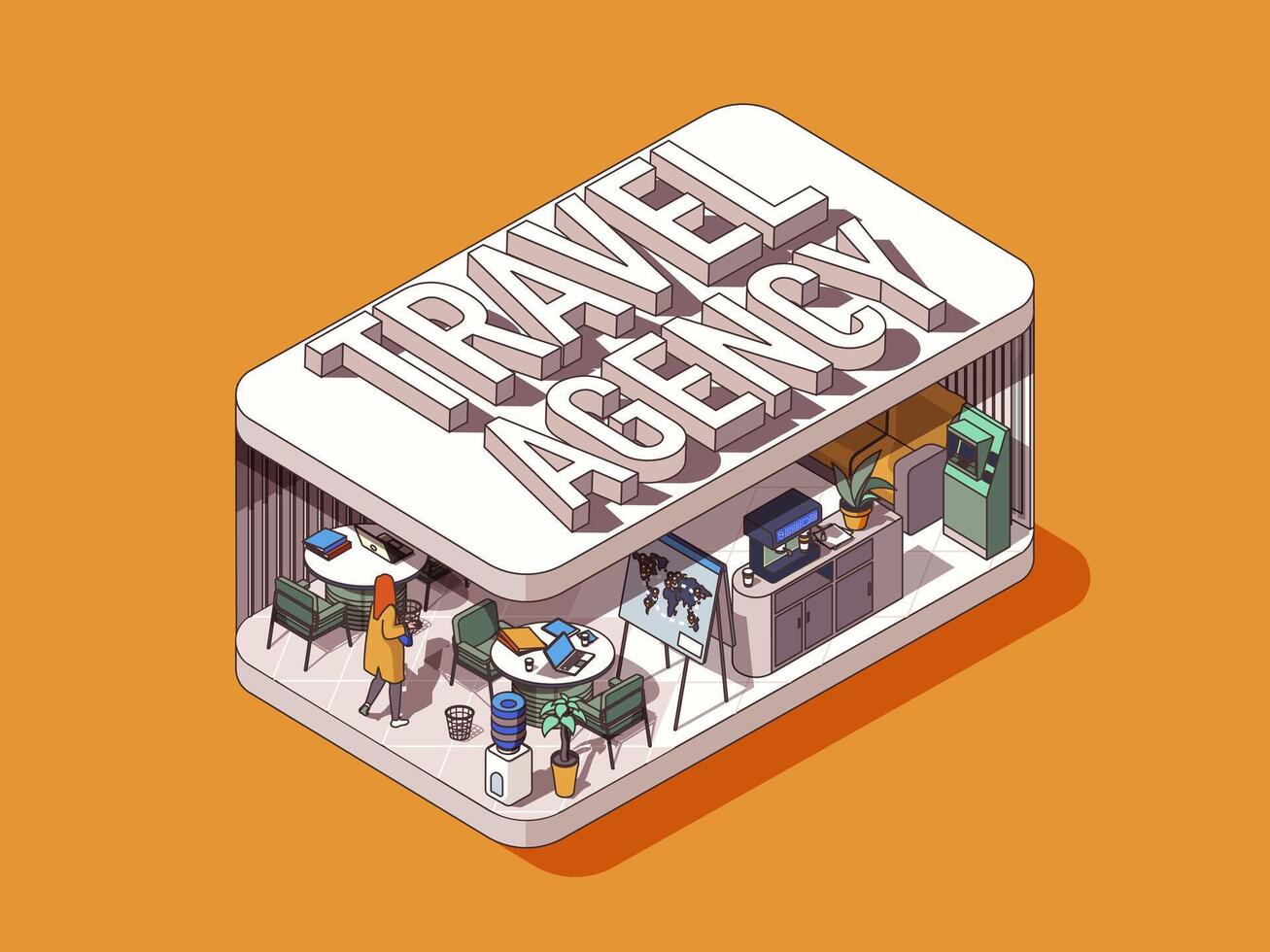 Travel agency concept in 3d isometric graphic design. Office for work of traveling operators booking tickets and flights. Vector illustration with people in isometric room interior for web banner