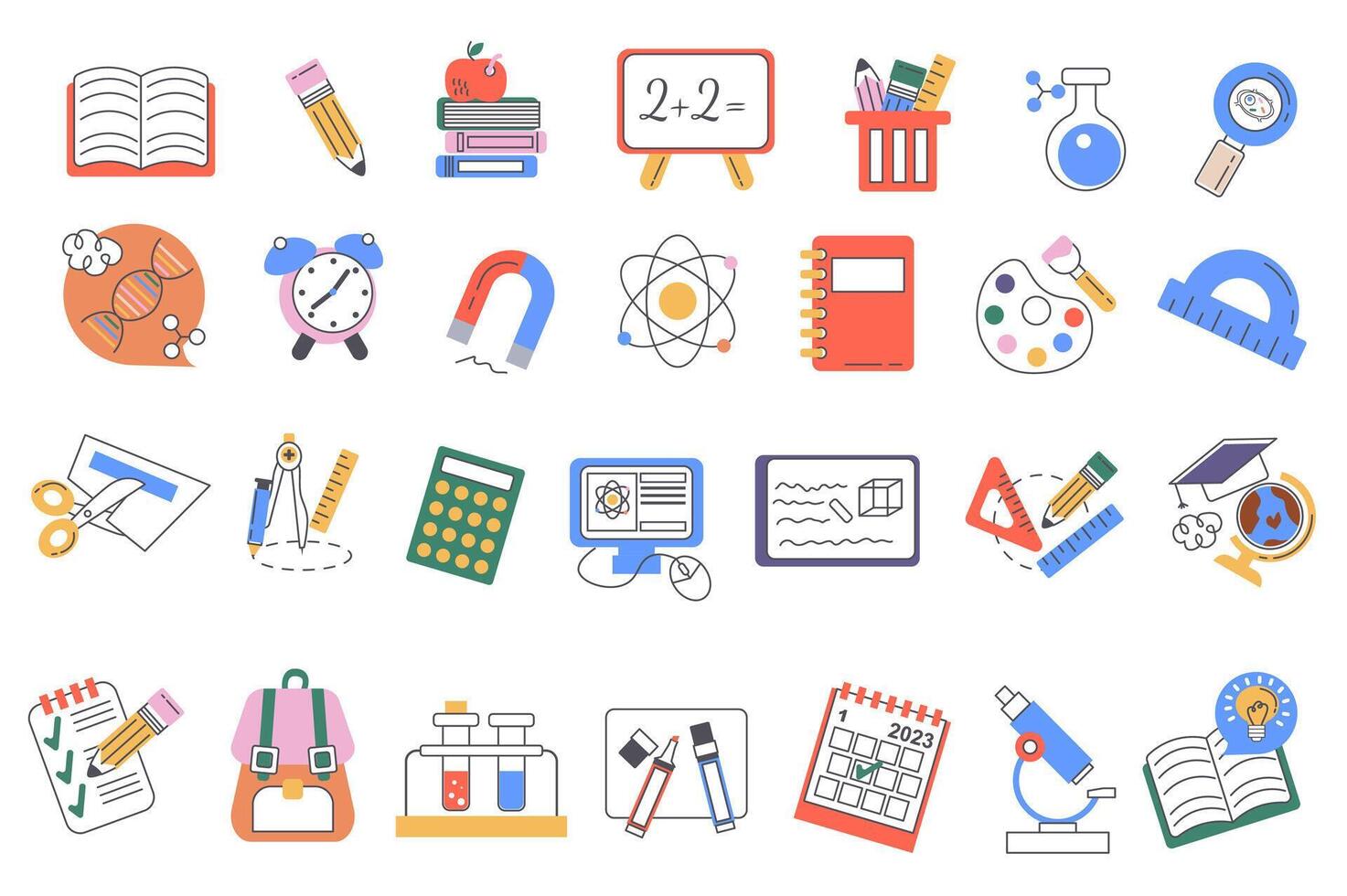 School supplies set graphic elements in flat design. Bundle of book, pencil, chalkboard, flask, magnifying glass, dna, clock, magnet, atom, notebook and other. Vector illustration isolated objects