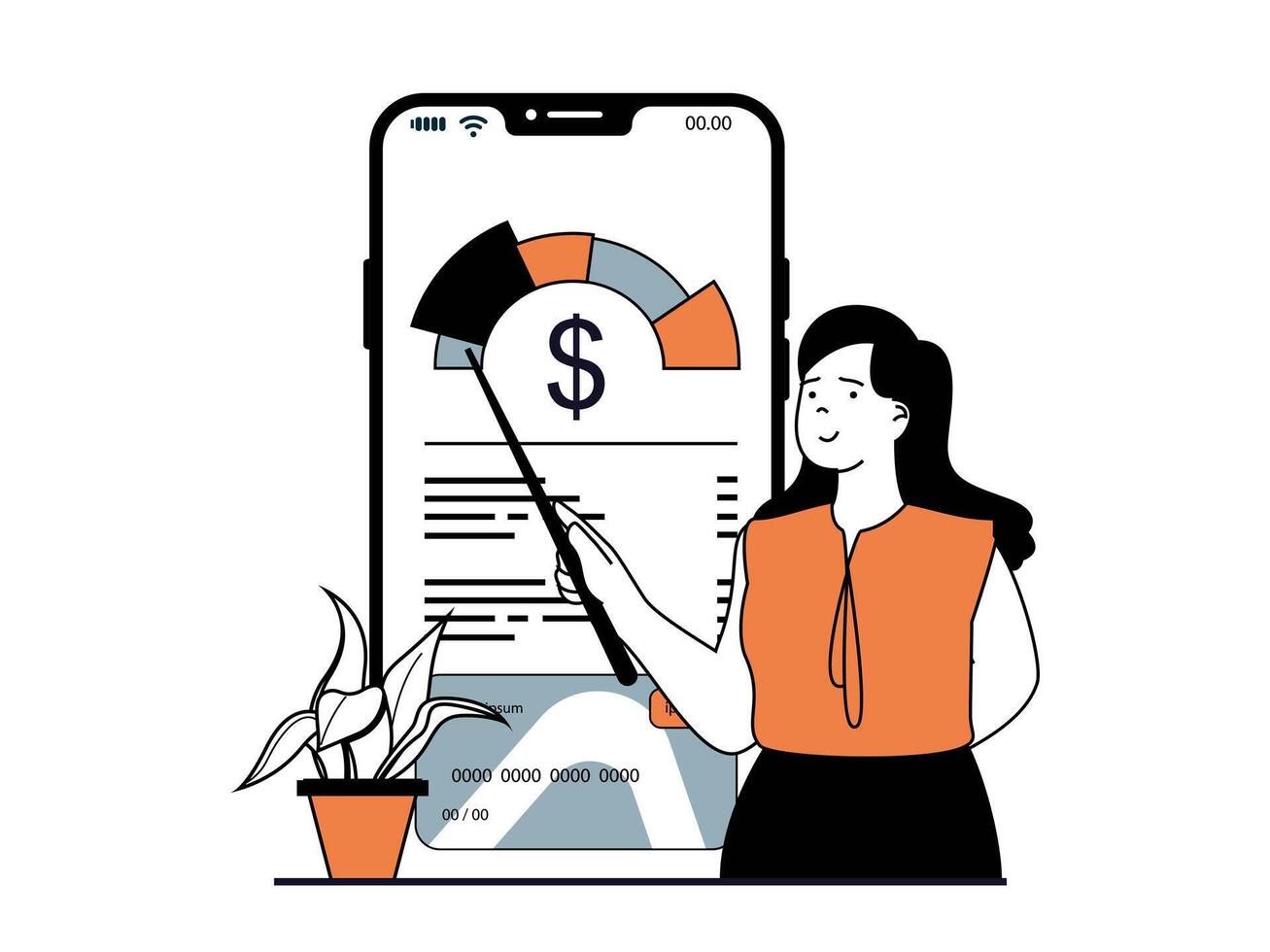 Finanzas concepto con personaje situación. mujer análisis financiero lucro y control S su ahorros en cuenta utilizando móvil solicitud. vector ilustración con personas escena en plano diseño para web