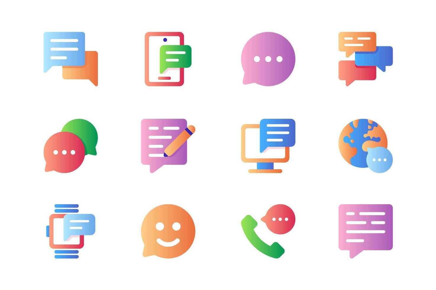 Communication icons set in color flat design. Pack of message, chat bubble, phone call, computer, globe, emoticon, business mail, information and other. Vector pictograms for web sites and mobile app