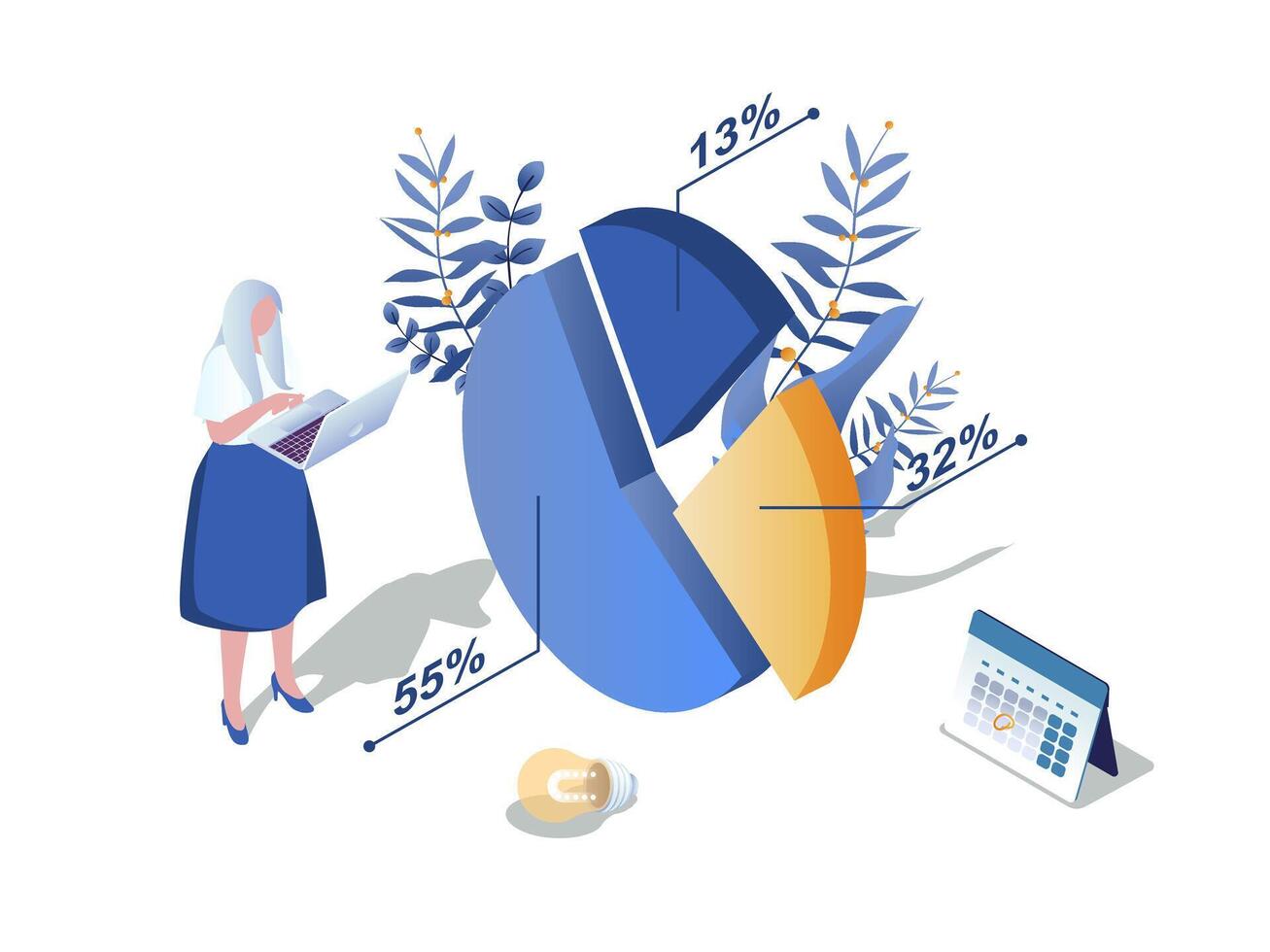 Pie chart concept 3d isometric web scene. People working with data diagram with sectors and percentages, making statistical analysis graphs for report. Vector illustration in isometry graphic design