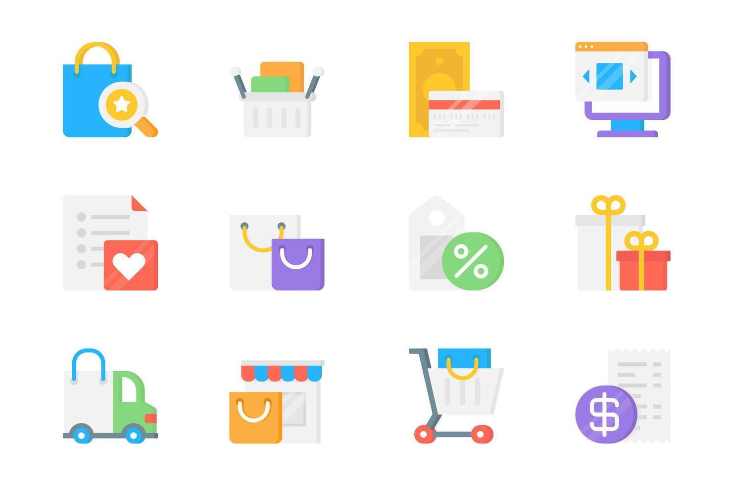 Shopping 3d icons set. Pack flat pictograms of bag, cart, credit card, money, payment, online, wishlist, discount price, gift, loyalty program and other. Vector elements for mobile app and web design