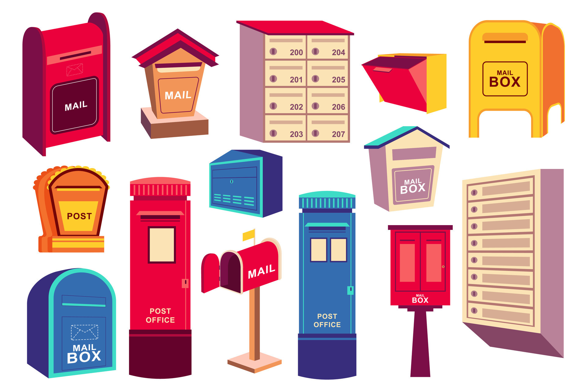 Retro mail boxes mega set elements in flat design. Bundle of different shapes and colors vintage
