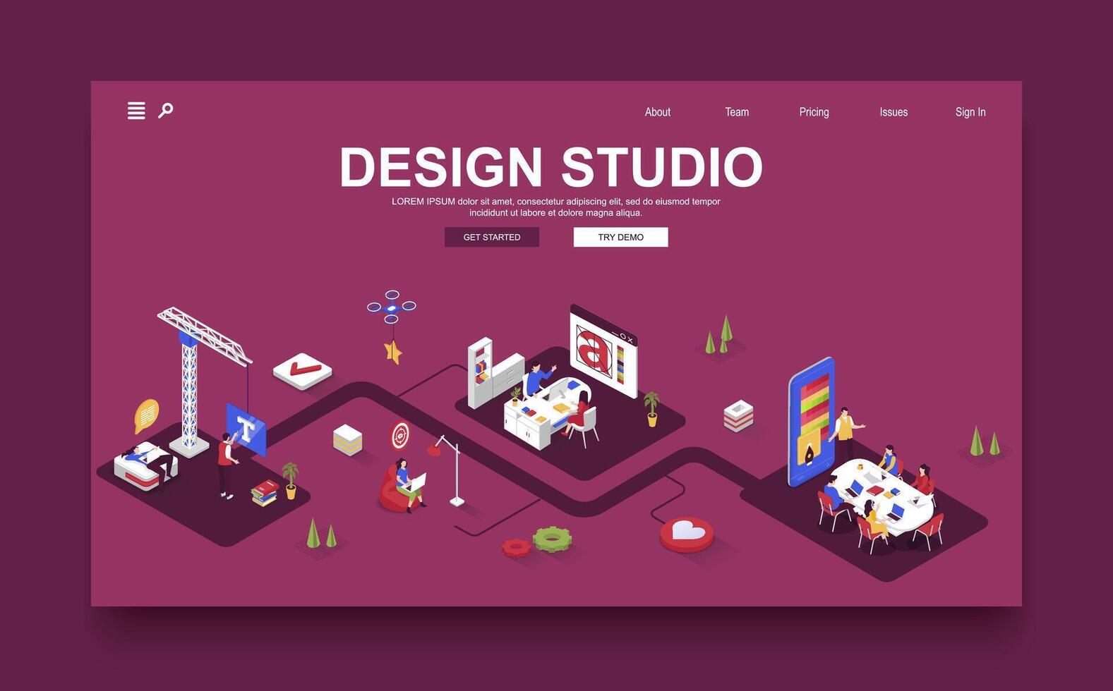 Design studio concept 3d isometric landing page template. People work in creative agency, create graphic content, develop logos and branding. Vector illustration in isometry graphic design.