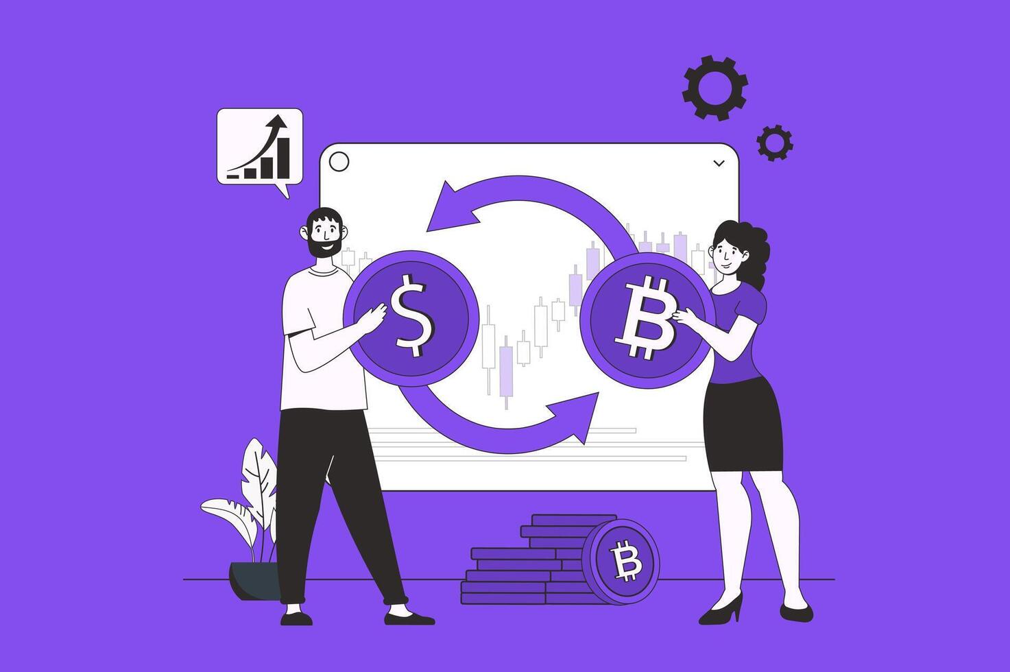 Cryptocurrency web concept with character scene in flat design. People making online transactions and investing money in crypto exchange. Vector illustration for social media marketing material.