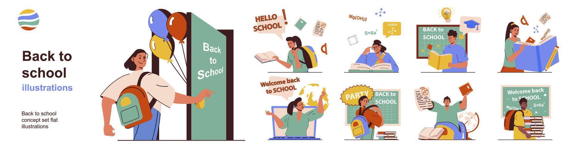 espalda a colegio concepto con personaje situaciones recopilación. haz de escenas personas Vamos a clase, alumnos leyendo libros, aprendizaje a lecciones, estudiantes estudiando. vector ilustraciones en plano web diseño