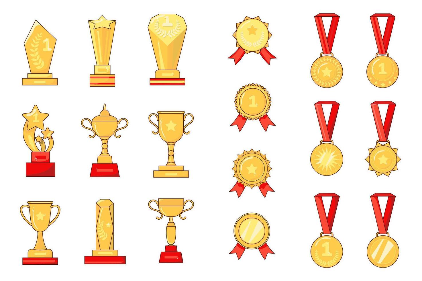 Awards set graphic elements in flat design. Bundle of gold cups, reward badges and medals with red ribbons for awarding winners and champions with first places. Vector illustration isolated objects