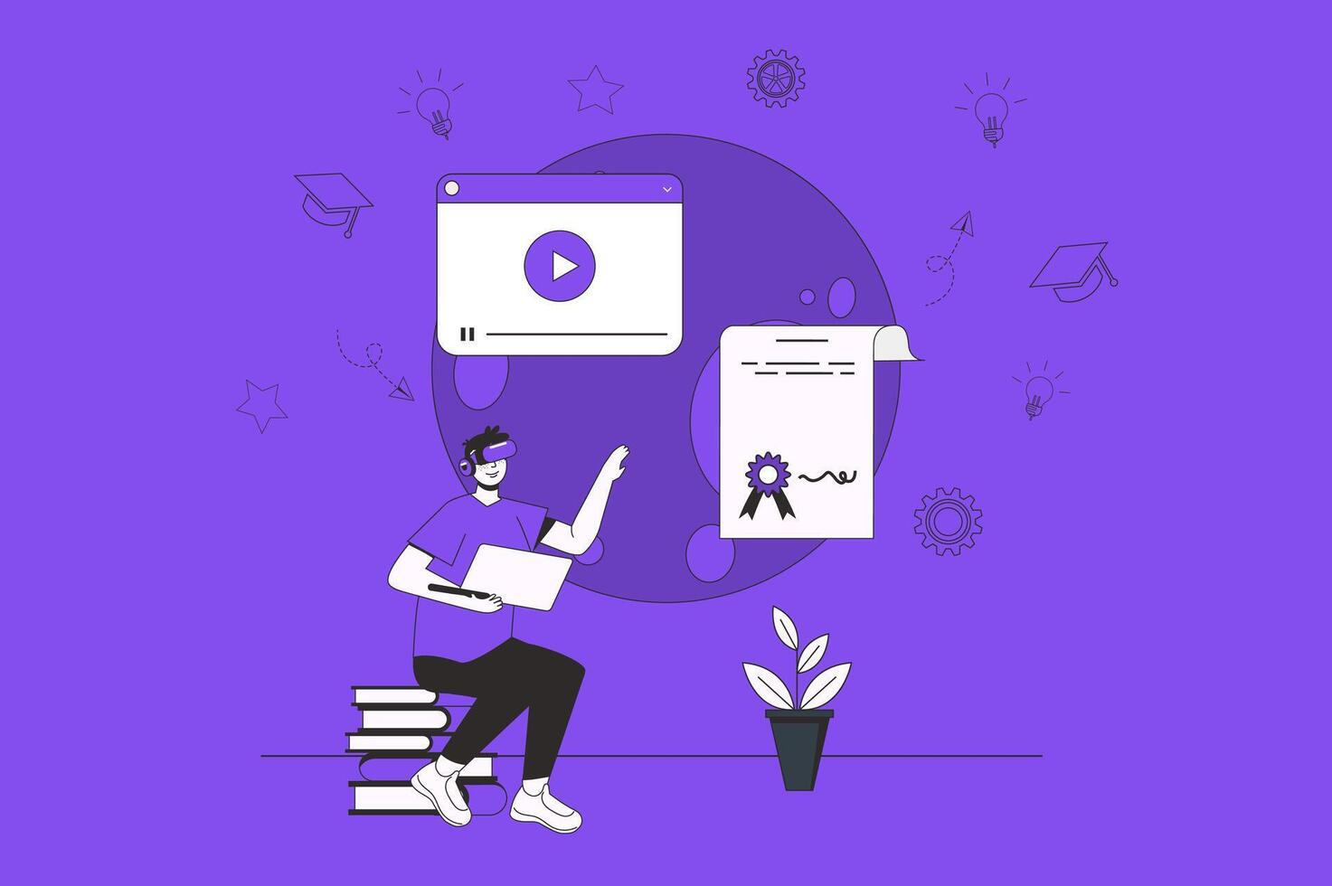 Immersive learning web concept with character scene in flat design. People wearing in VR headset to interacting with virtual reality for study. Vector illustration for social media marketing material.