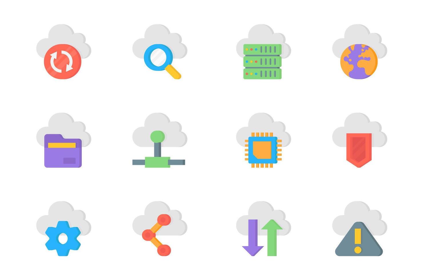 Computer cloud 3d icons set. Pack flat pictograms of sync, search, server, database, computing, internet, online sharing, chip, protect data and other. Vector elements for mobile app and web design