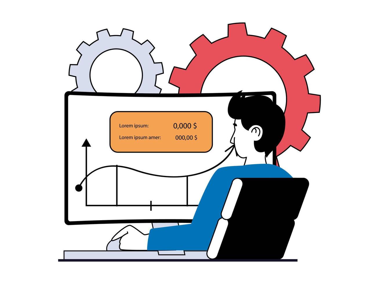 Digital business concept with character situation. Businessman analyzes income and explores market trends, develops and improves startup. Vector illustrations with people scene in flat design for web