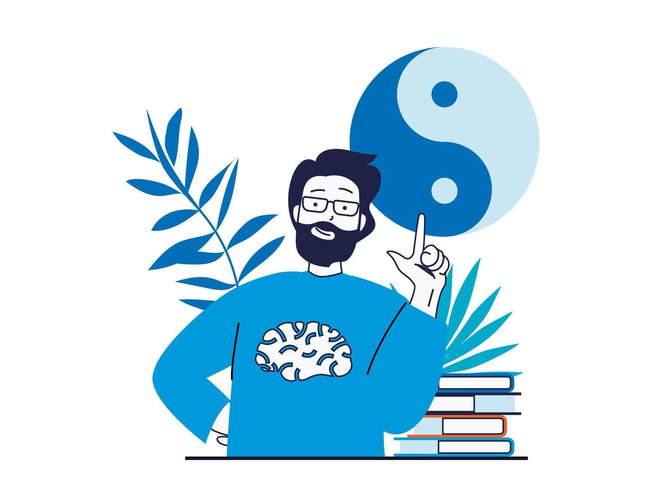 Mental health concept with character situation. Happy man think positively, take care of his mental health and harmony, balance zen symbol. Vector illustration with people scene in flat design for web